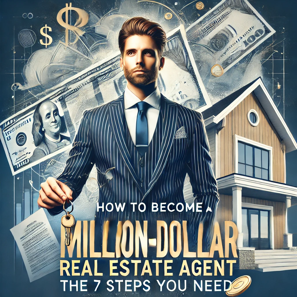 Confident real estate agent holding keys and a contract in front of a luxurious house, with the title "How to Become a Million-Dollar Real Estate Agent: The 7 Steps You Need" prominently displayed.