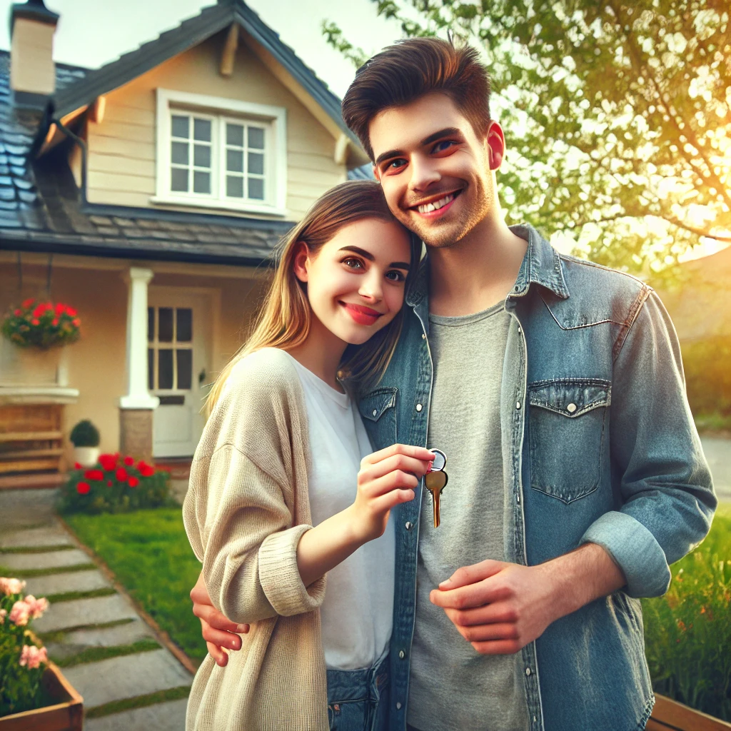 Photo of a person holding a house key with a warm background