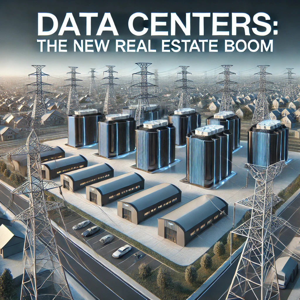 Modern data center facility near residential neighborhoods showcasing the new real estate boom.