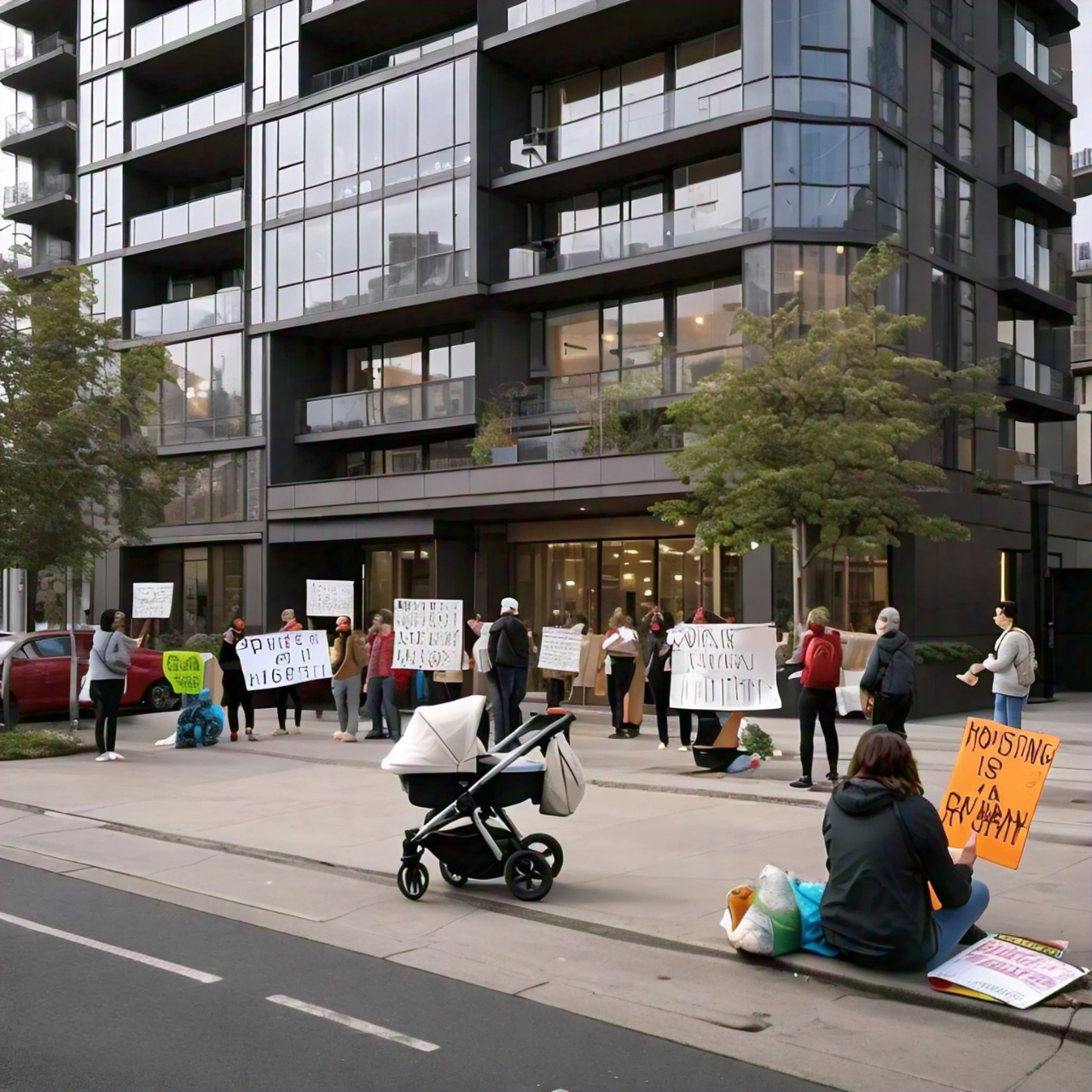 Image of a person holding a "For Rent" sign with a cityscape in the background, highlighting the contrast between luxury and affordable housing.